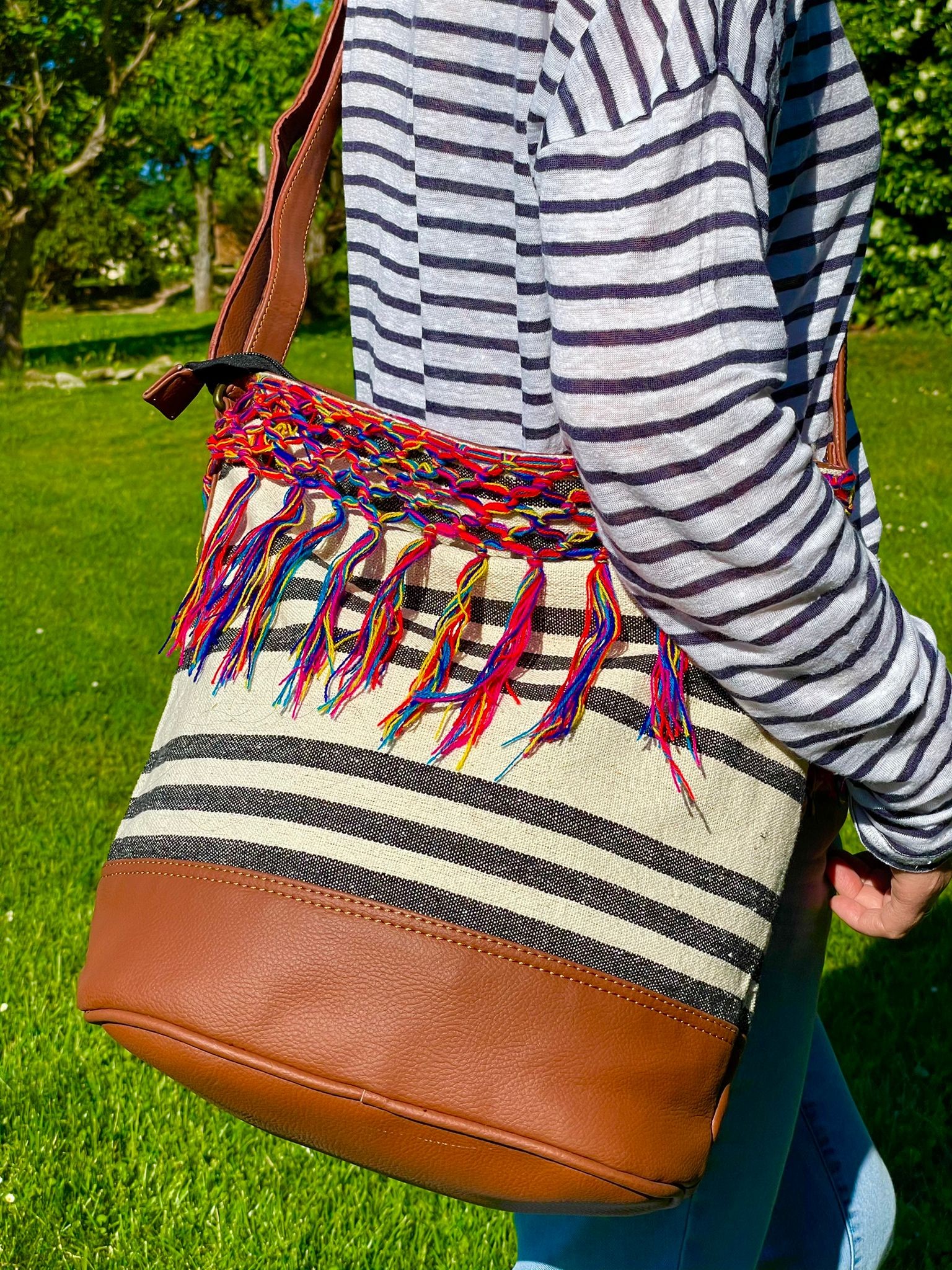 Bandolera de lino y polipiel