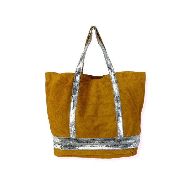 Bolso de piel con serraje y brillo estampado