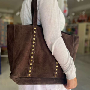 Bolso Shopper de Piel Serraje con Tachuelas y Asas Largas