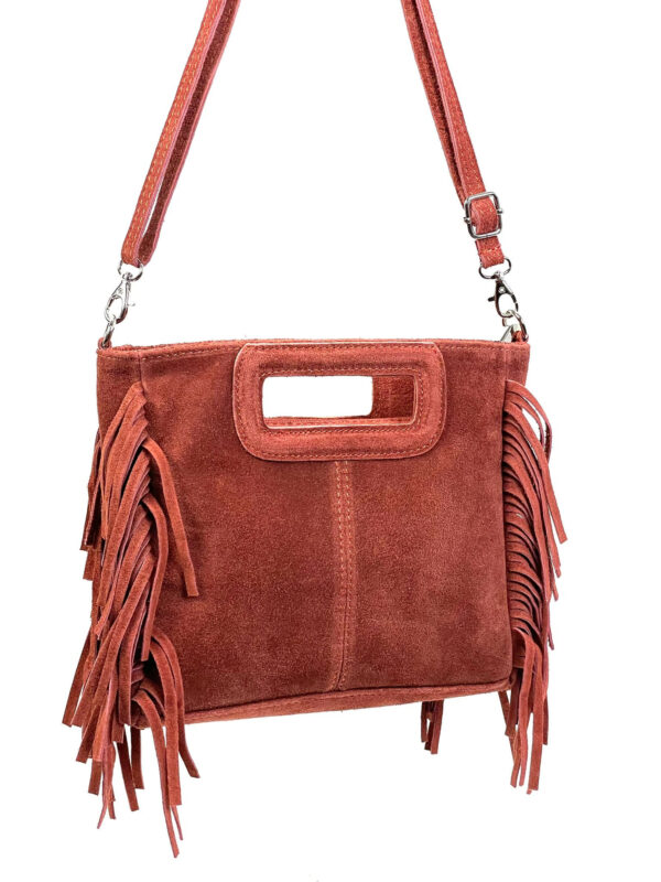 Bolso Bandolera de Piel de Serraje con Flecos Decorativos para Mujer