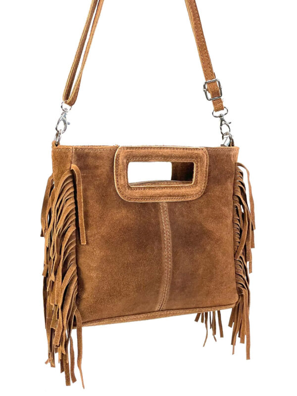 Bolso Bandolera de Piel de Serraje con Flecos Decorativos para Mujer