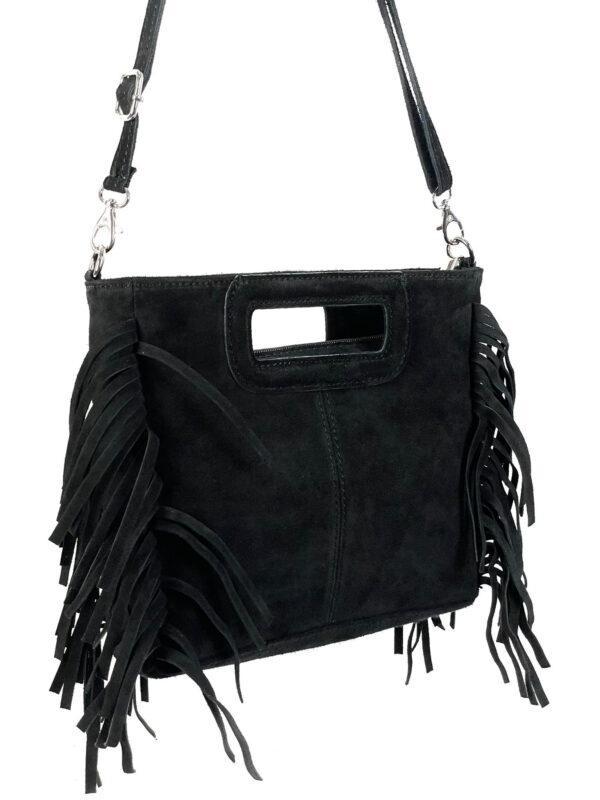 Bolso Bandolera de Piel de Serraje con Flecos Decorativos para Mujer