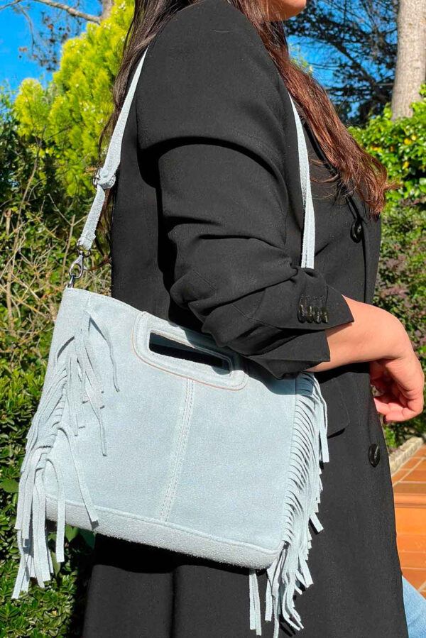 Bolso Bandolera de Piel de Serraje con Flecos Decorativos para Mujer