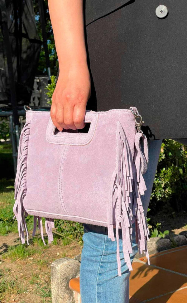 Bolso Bandolera de Piel de Serraje con Flecos Decorativos para Mujer