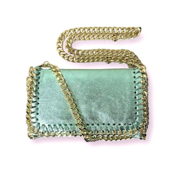 Bolso Bandolera de Piel con Asa Larga Dorada Tipo Cadena para Mujer