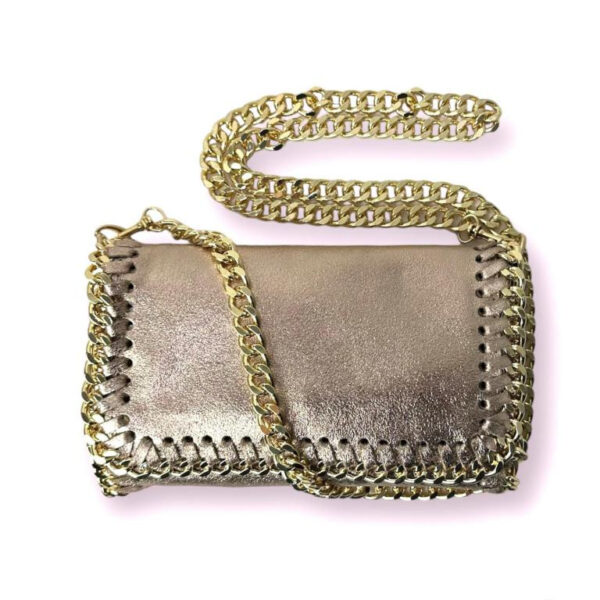 Bolso Bandolera de Piel con Asa Larga Dorada Tipo Cadena para Mujer