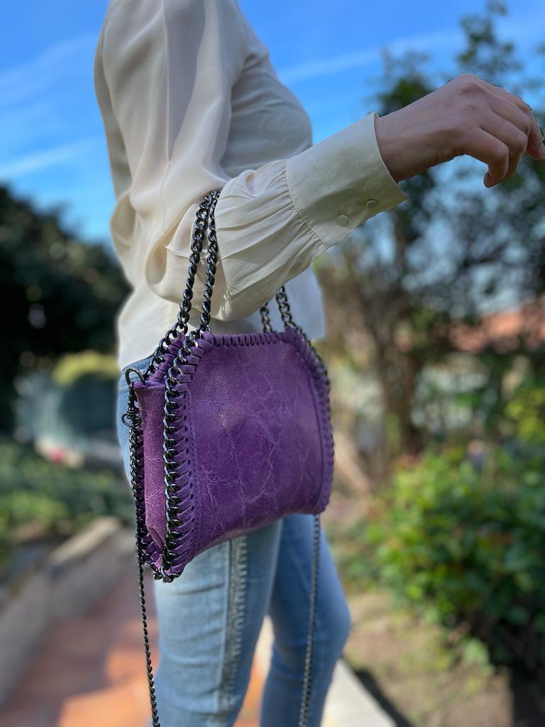 Bolso de Piel para Mujer con Asas Cortas tipo Cadena y Efecto Metalizado