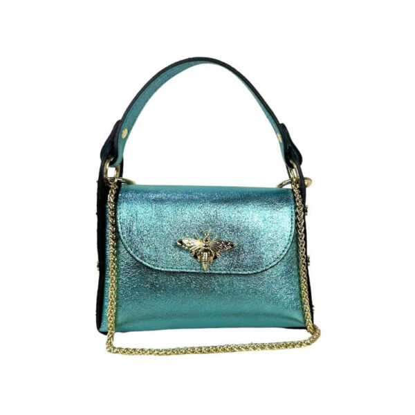 Bolso Compacto de Piel Metalizado Mujer con Tachuelas y Diseño de Abeja