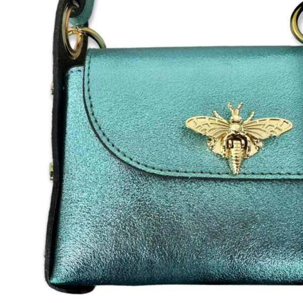 Bolso Compacto de Piel Metalizado Mujer con Tachuelas y Diseño de Abeja