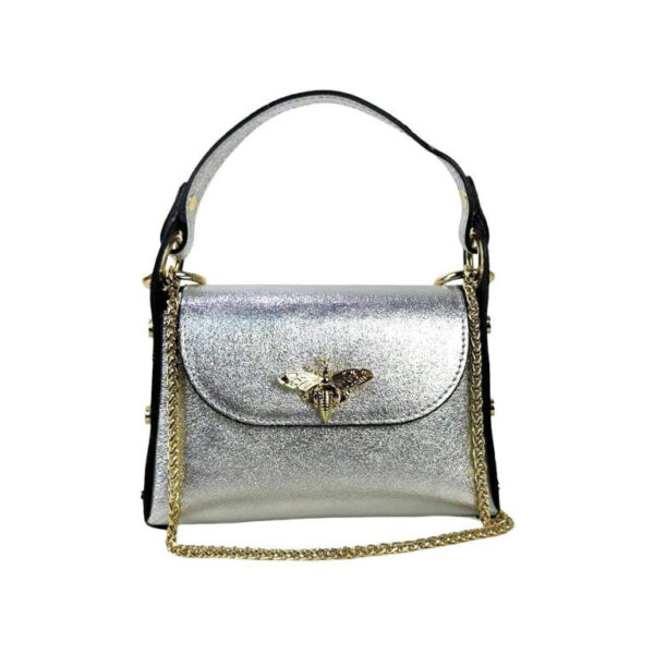 Bolso Compacto de Piel Metalizado Mujer con Tachuelas y Diseño de Abeja