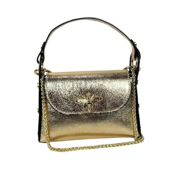 Bolso Compacto de Piel Metalizado Mujer con Tachuelas y Diseño de Abeja