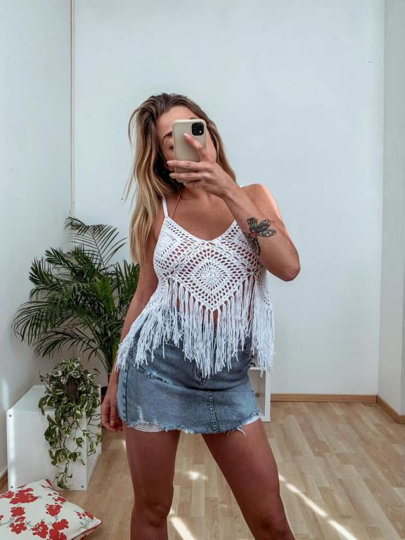 Top de Ganchillo para Mujer con Flecos Decorativos, Tirantes y Escote