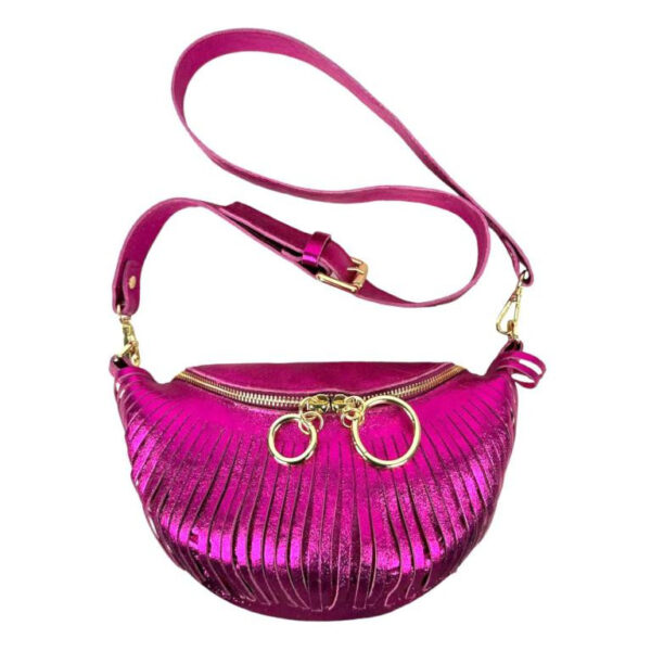 Riñonera de Piel Italiana para Mujer con Efecto Brillante y Flecos Decorativos