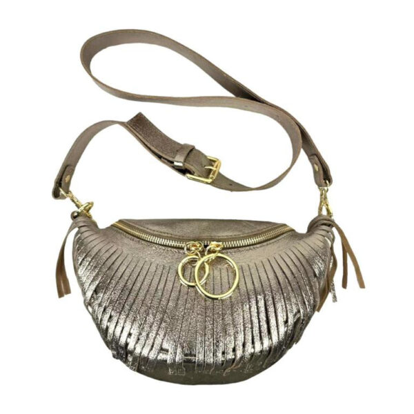 Riñonera de Piel Italiana para Mujer con Efecto Brillante y Flecos Decorativos