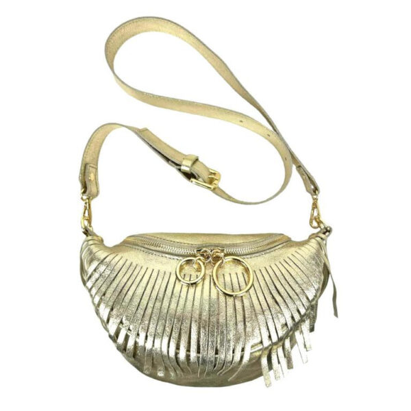 Riñonera de Piel Italiana para Mujer con Efecto Brillante y Flecos Decorativos