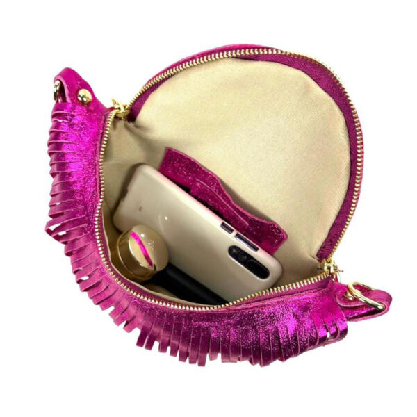 Riñonera de Piel Italiana para Mujer con Efecto Brillante y Flecos Decorativos