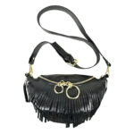 Riñonera de Piel Italiana para Mujer con Efecto Brillante y Flecos Decorativos