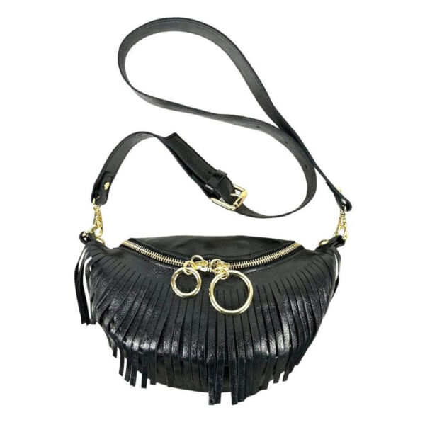 Riñonera de Piel Italiana para Mujer con Efecto Brillante y Flecos Decorativos