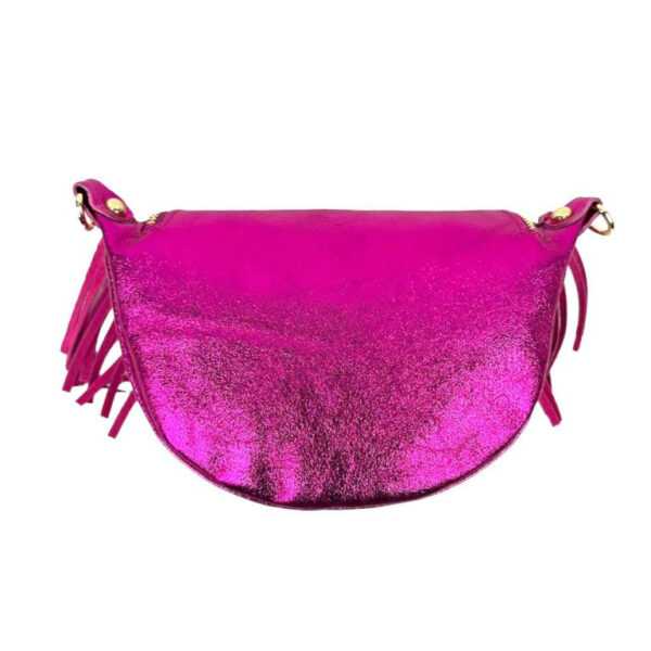 Riñonera de Piel Italiana para Mujer con Efecto Brillante y Flecos Decorativos