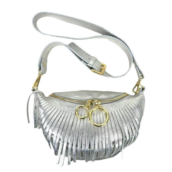 Riñonera de Piel Italiana para Mujer con Efecto Brillante y Flecos Decorativos