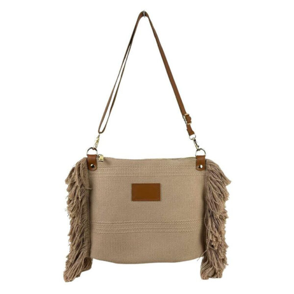 Bolso Bandolera de Algodón con Asas de Piel y Flecos Laterales para Mujer