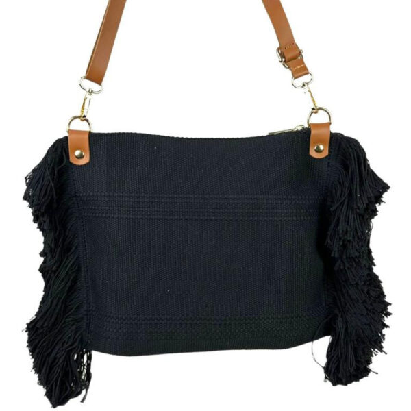Bolso Bandolera de Algodón con Asas de Piel y Flecos Laterales para Mujer