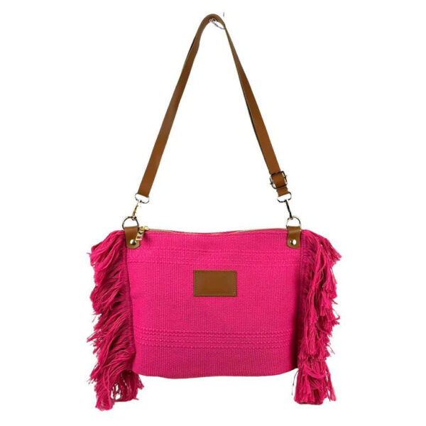 Bolso Bandolera de Algodón con Asas de Piel y Flecos Laterales para Mujer