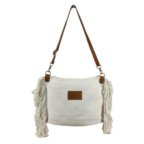 Bolso Bandolera de Algodón con Asas de Piel y Flecos Laterales para Mujer