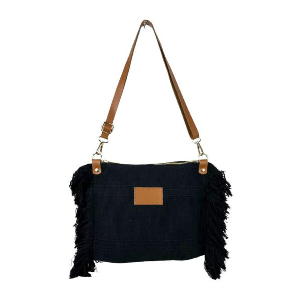 Bolso Bandolera de Algodón con Asas de Piel y Flecos Laterales para Mujer