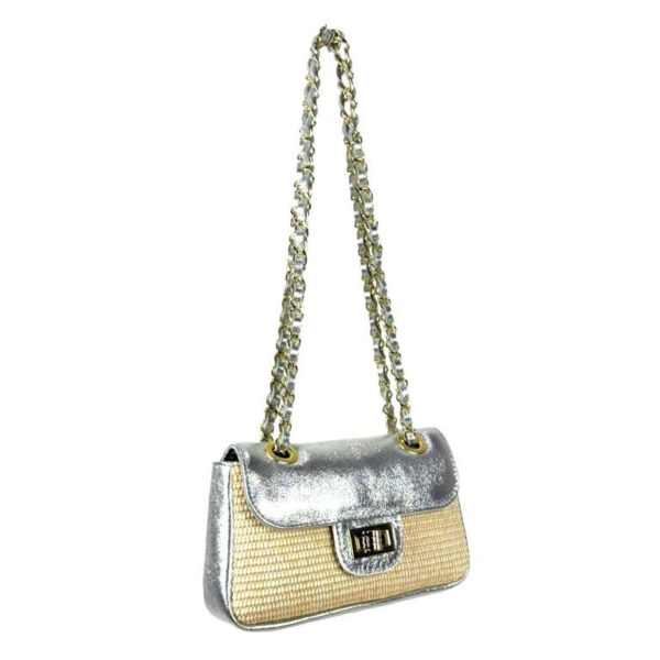 Bolso Bandolera de Rafia y Piel Metalizada con Asas Largas Ajustables Mujer