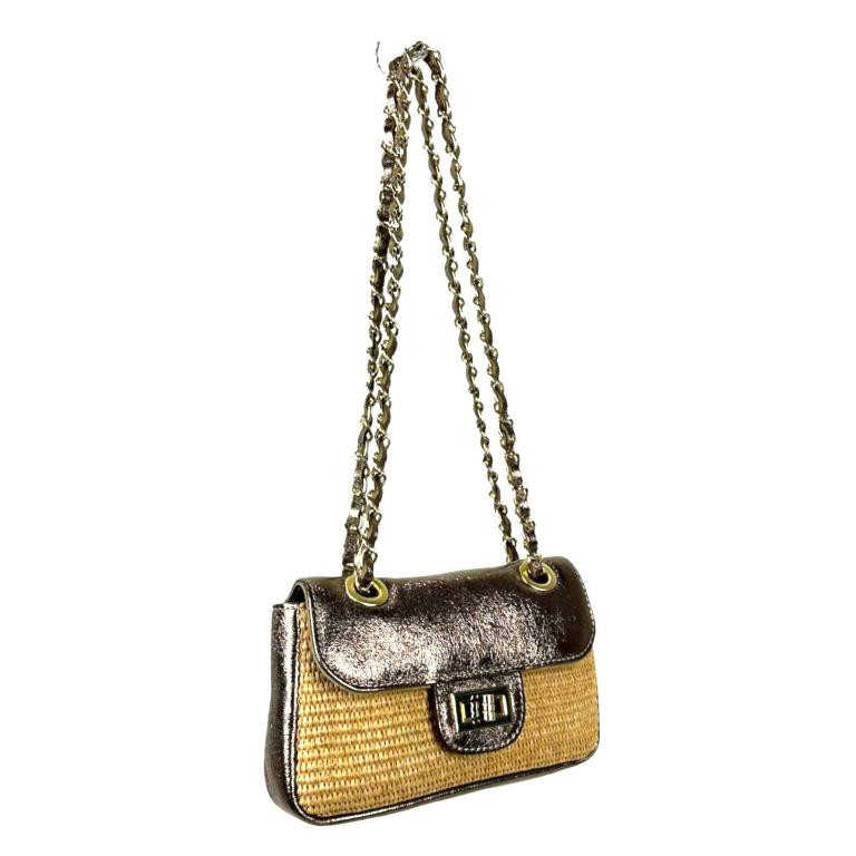 Bolso Bandolera de Rafia y Piel Metalizada con Asas Largas Ajustables Mujer Bolso Bandolera de Rafia y Piel Metalizada con Asas Largas Ajustables Mujer