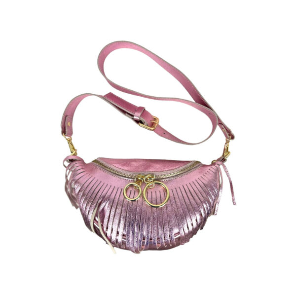 Riñonera de Piel Italiana para Mujer con Efecto Brillante y Flecos Decorativos