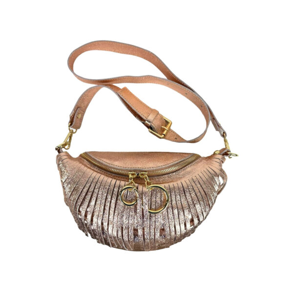 Riñonera de Piel Italiana para Mujer con Efecto Brillante y Flecos Decorativos