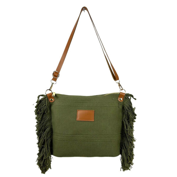 Bolso Bandolera de Algodón con Asas de Piel y Flecos Laterales para Mujer