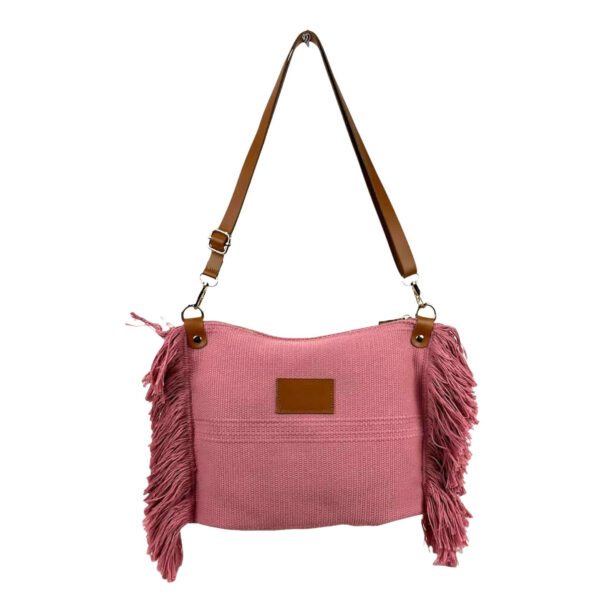 Bolso Bandolera de Algodón con Asas de Piel y Flecos Laterales para Mujer
