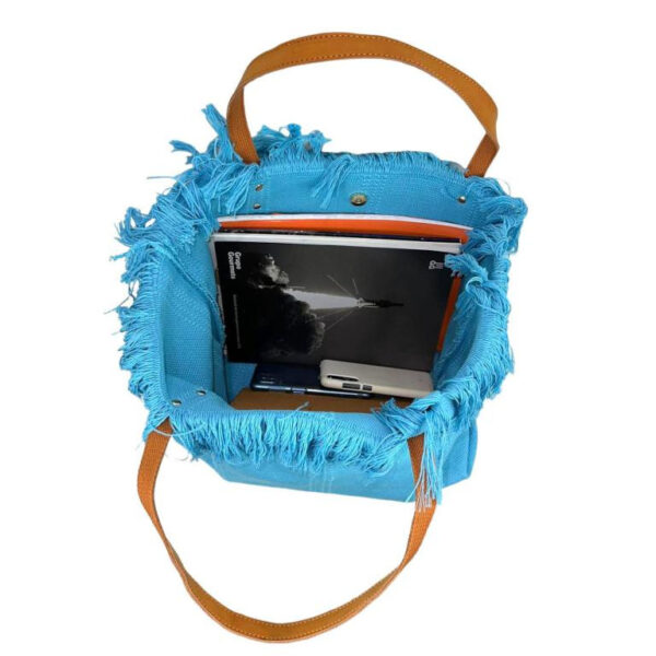 Bolso Shopper de tela algodón para Mujer con Asas Largas de Piel y Flecos