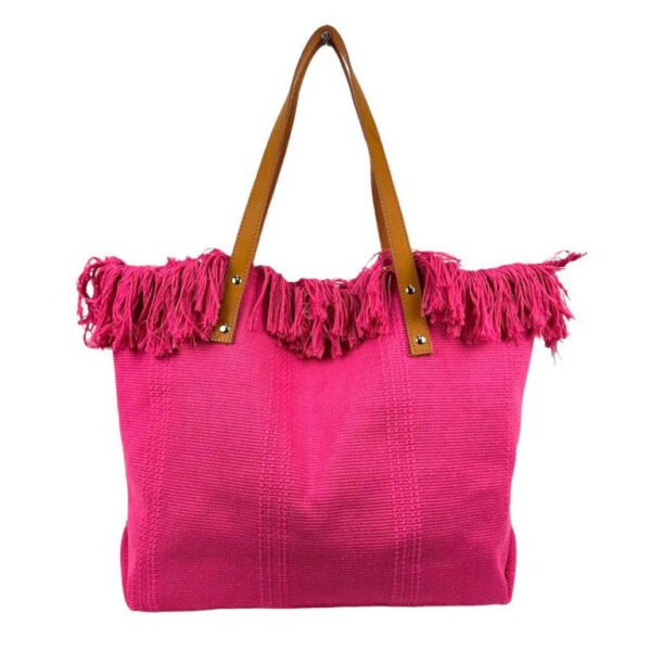 Bolso Shopper de tela algodón para Mujer con Asas Largas de Piel y Flecos