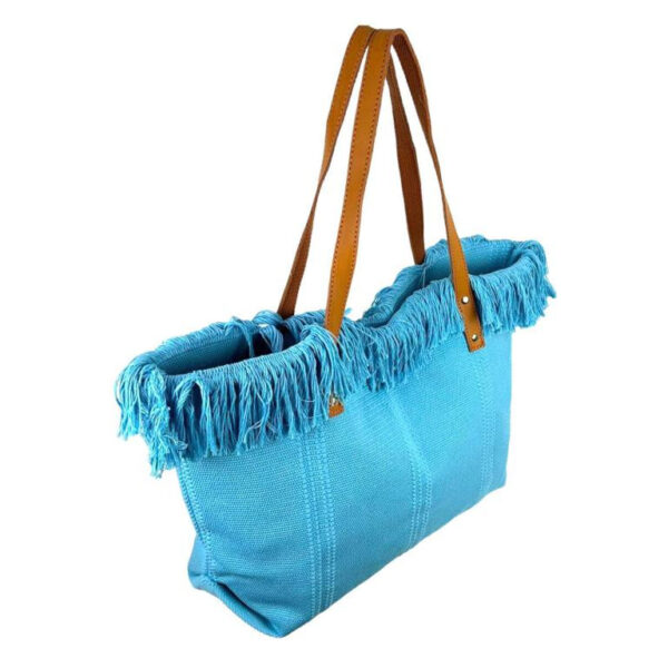 Bolso Shopper de tela algodón para Mujer con Asas Largas de Piel y Flecos
