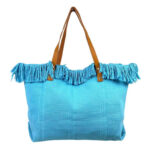 Bolso Shopper de tela algodón para Mujer con Asas Largas de Piel y Flecos