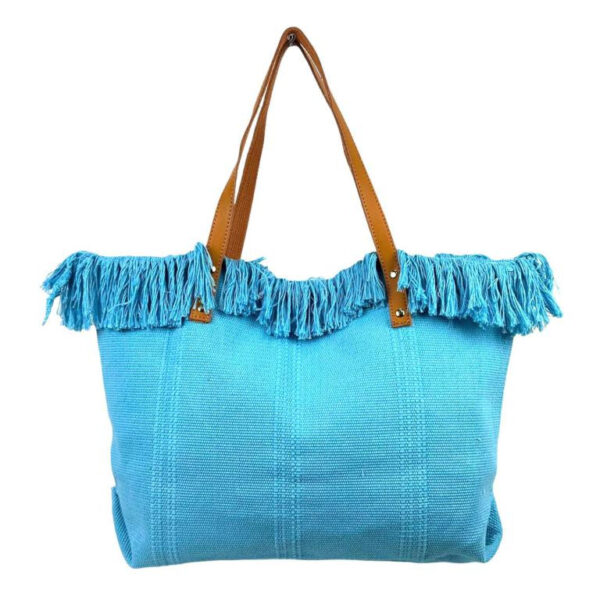 Bolso Shopper de tela algodón para Mujer con Asas Largas de Piel y Flecos