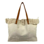 Bolso Shopper de tela algodón para Mujer con Asas Largas de Piel y Flecos