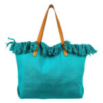 Bolso Shopper de tela algodón para Mujer con Asas Largas de Piel y Flecos