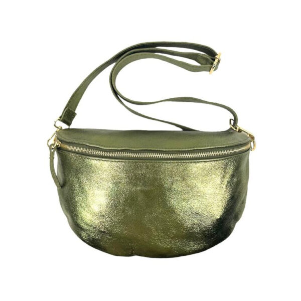 Amplia Riñonera Metalizada de Piel Italiana para Mujer con Efecto Brillante