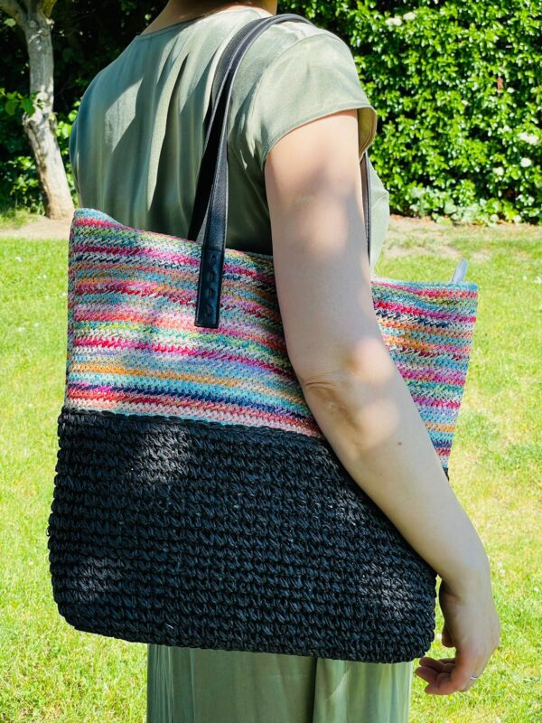 Bolso de Rafia Multicolor con Asas Sintéticas y Cremalleras para Mujer