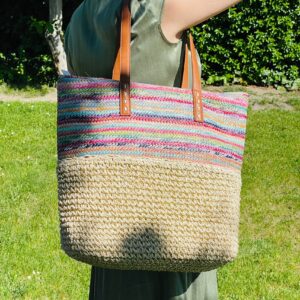 Bolso de Rafia Multicolor con Asas Sintéticas y Cremalleras para Mujer