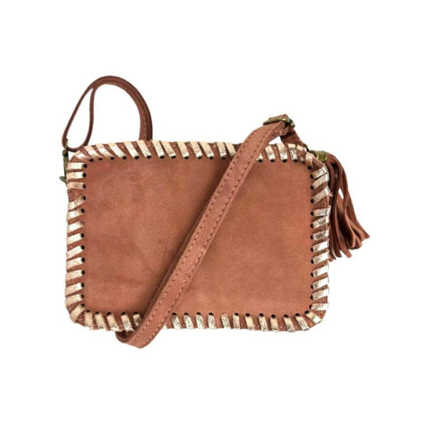 Bolso Bandolera Piel Italiana con Cremallera y Flecos Decorativos para Mujer