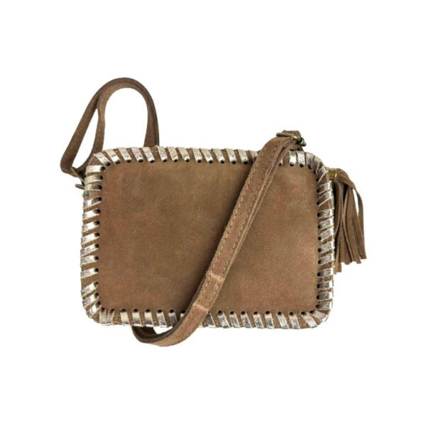 Bolso Bandolera Piel Italiana con Cremallera y Flecos Decorativos para Mujer