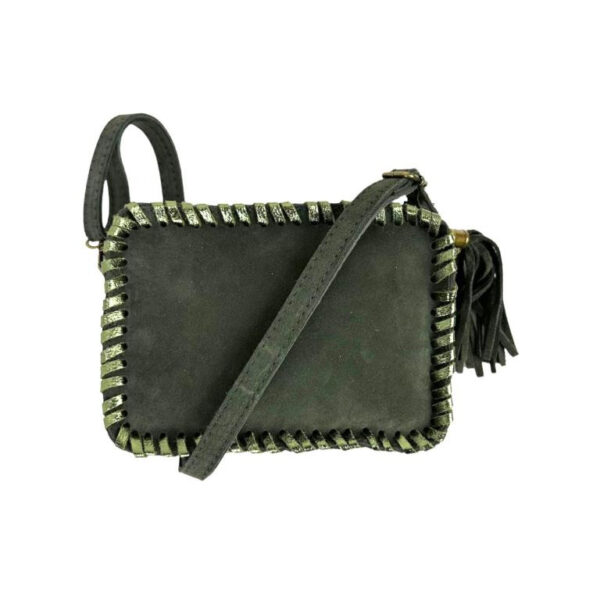 Bolso Bandolera Piel Italiana con Cremallera y Flecos Decorativos para Mujer