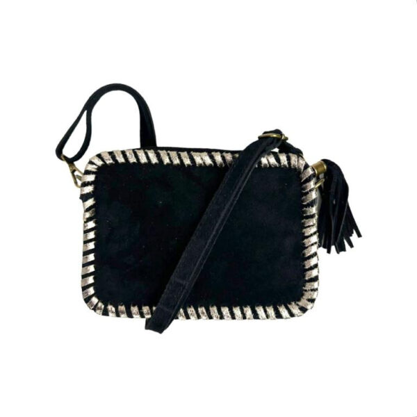 Bolso Bandolera Piel Italiana con Cremallera y Flecos Decorativos para Mujer