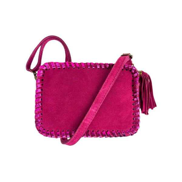Bolso Bandolera Piel Italiana con Cremallera y Flecos Decorativos para Mujer